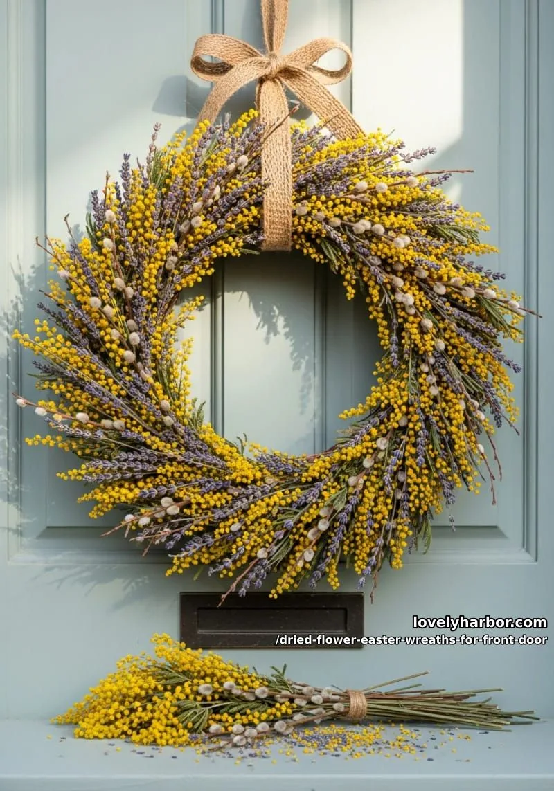 dried mimosa, lavender, and pussy willow on a grapevine base 1