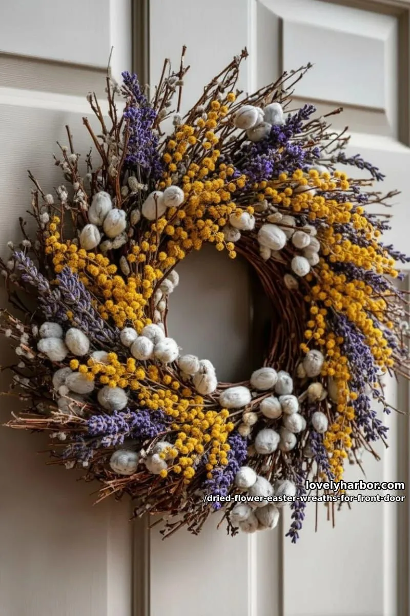dried mimosa, lavender, and pussy willow on a grapevine base 1