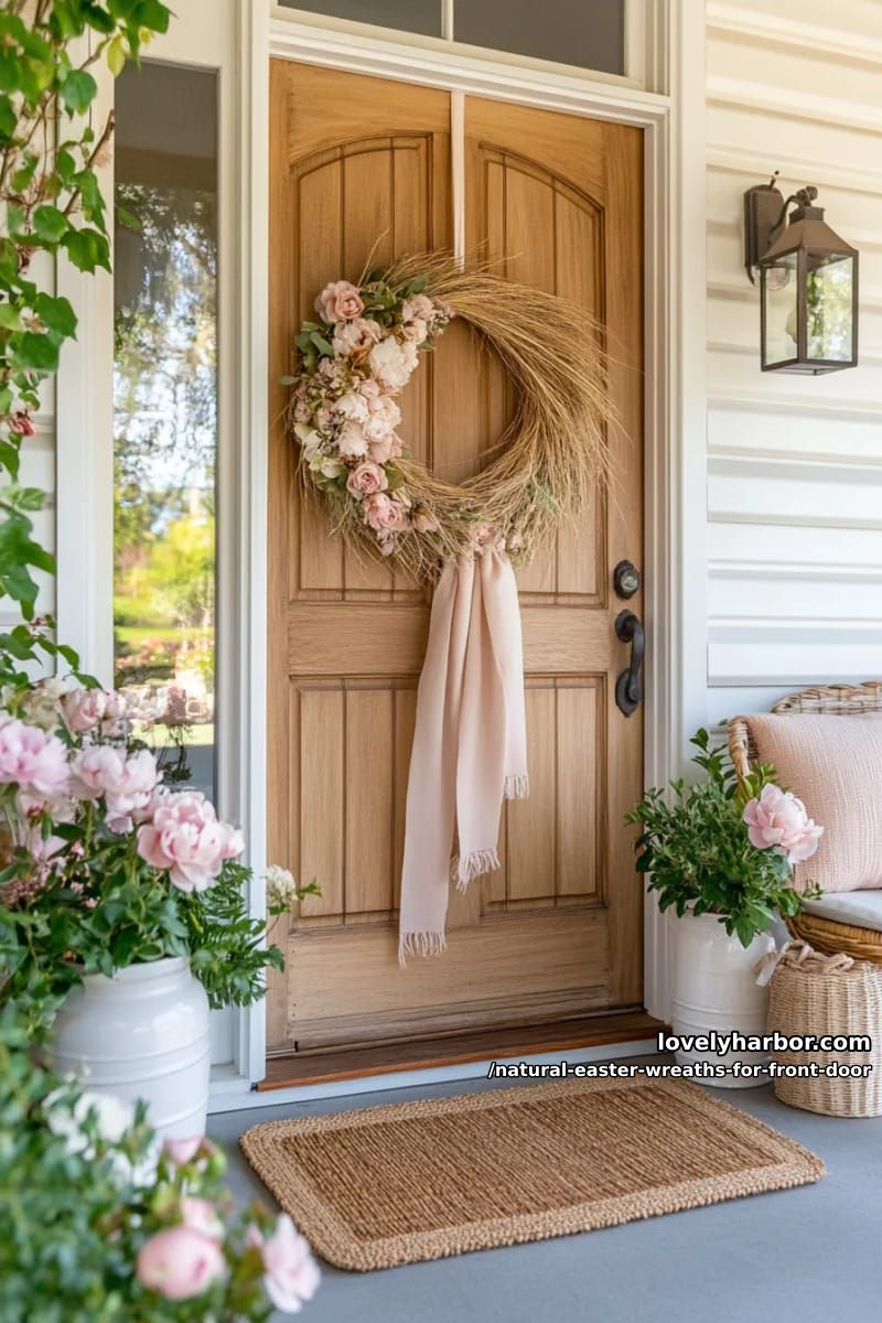 dried pampas grass wreath with pink peonies and trailing silk ribbon 1