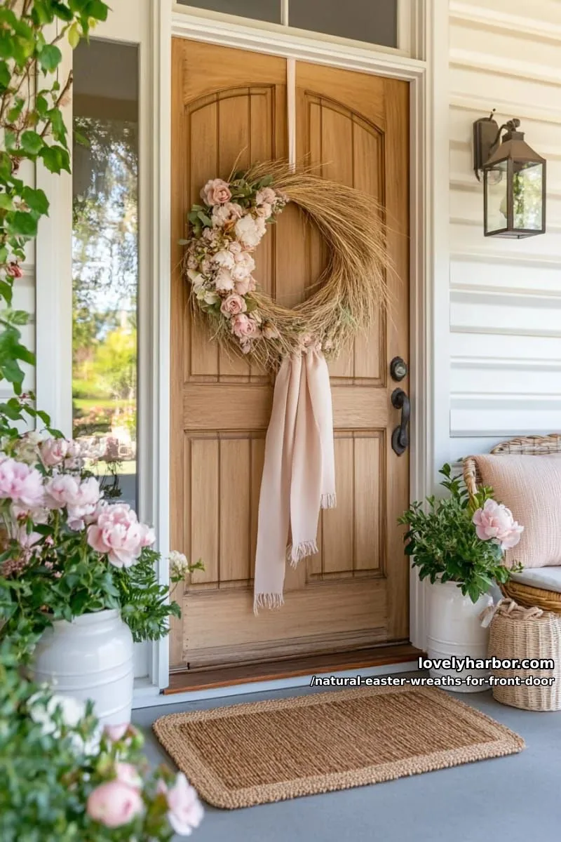dried pampas grass wreath with pink peonies and trailing silk ribbon 1