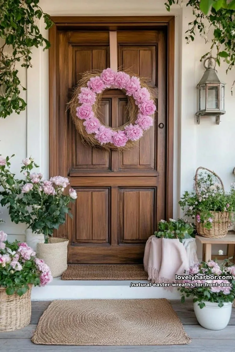 dried pampas grass wreath with pink peonies and trailing silk ribbon 1