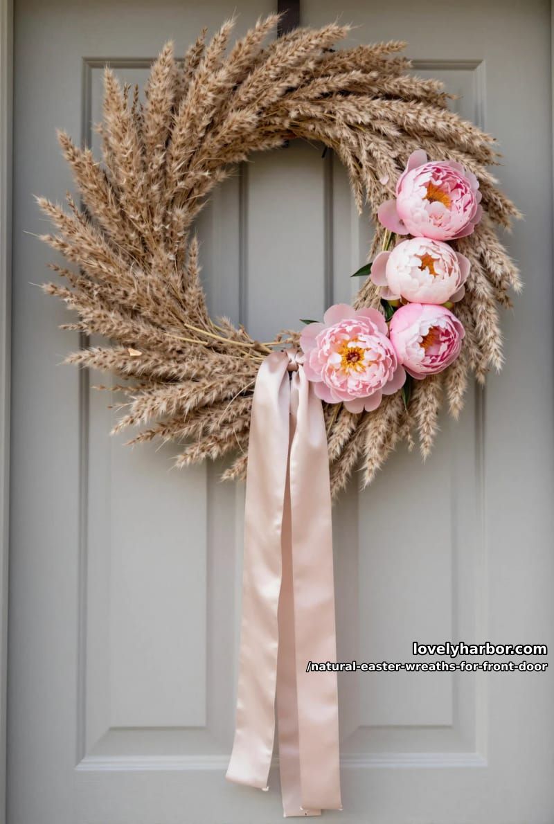 dried pampas grass wreath with pink peonies and trailing silk ribbon 1