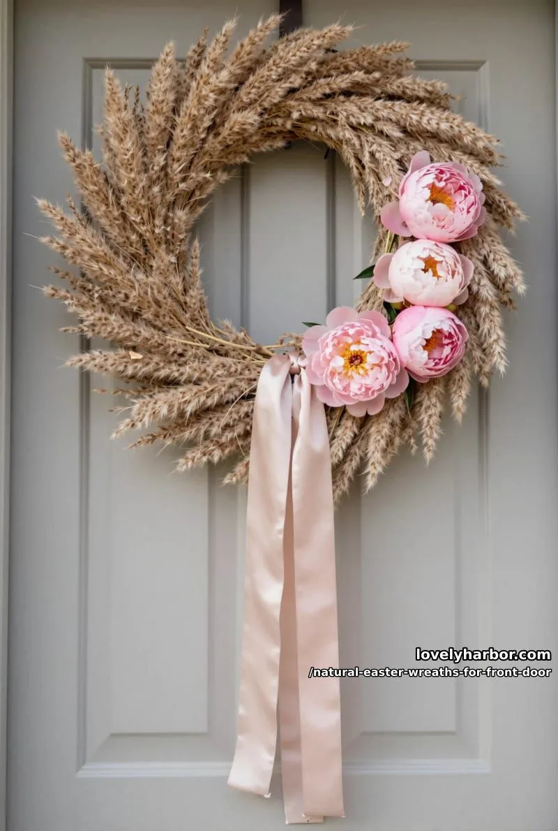 dried pampas grass wreath with pink peonies and trailing silk ribbon 1
