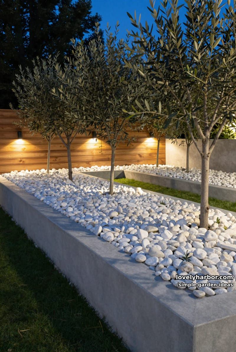 dusk garden with concrete planter, olive trees, and wooden slat fence 1