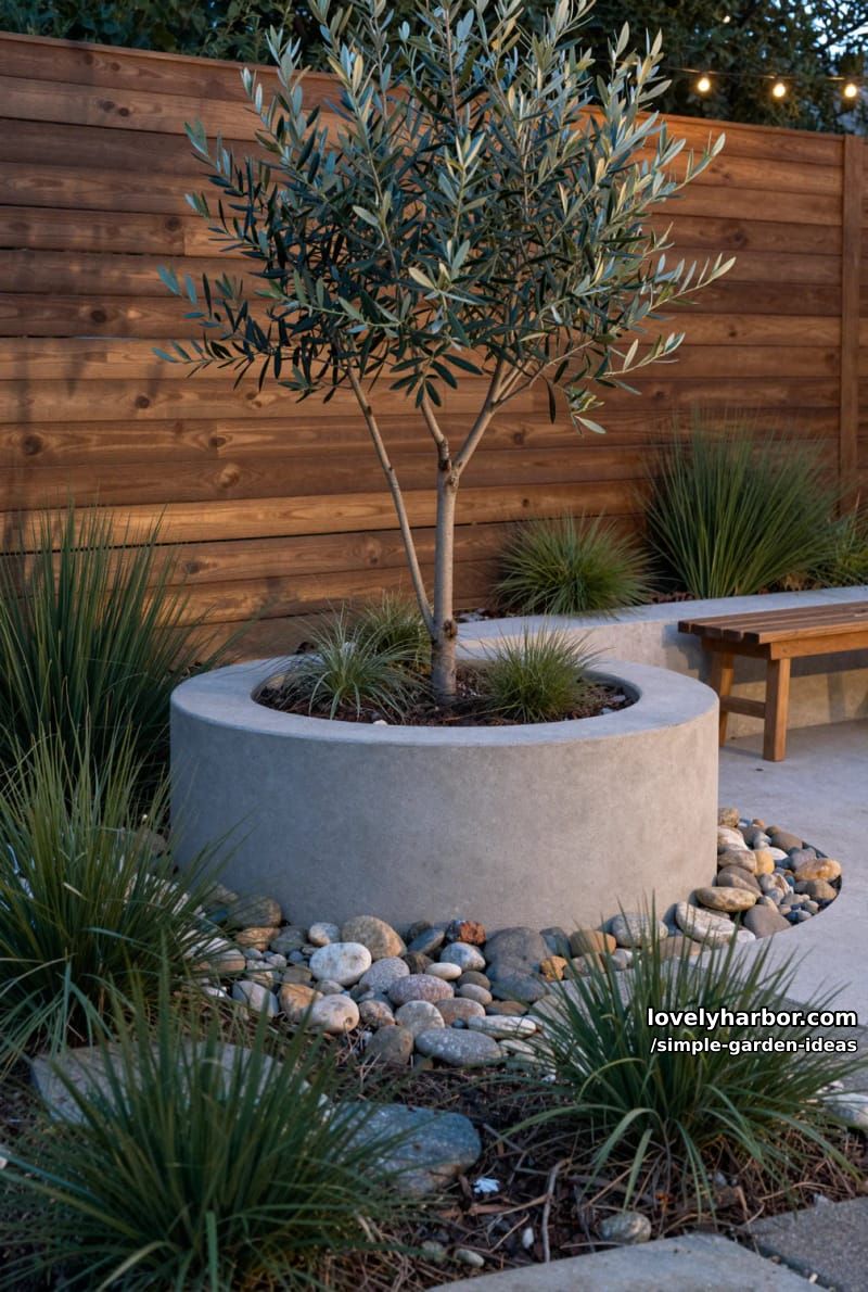 dusk garden with concrete planter, olive trees, and wooden slat fence 1