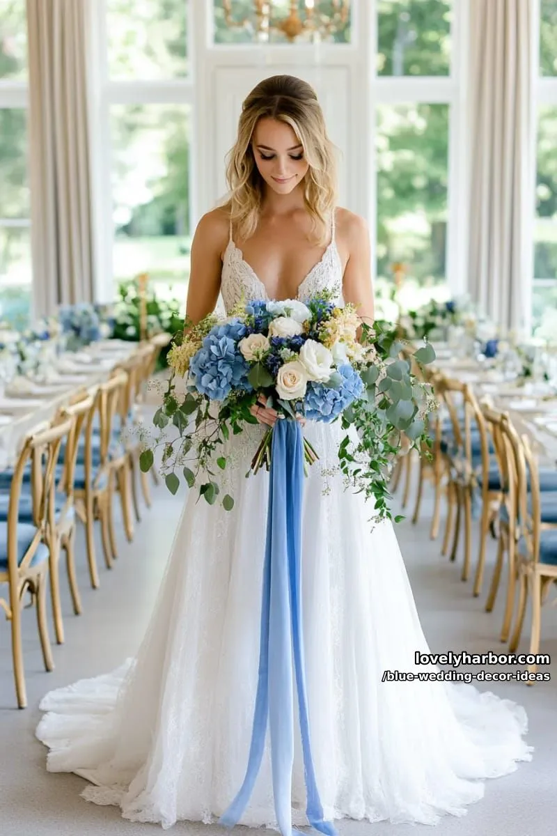 dusty blue and cream bouquet tied with silk blue ribbon 1
