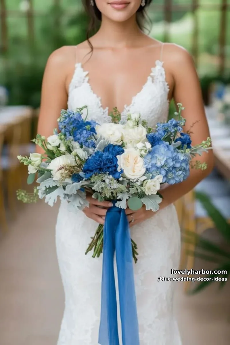 dusty blue and cream bouquet tied with silk blue ribbon 1
