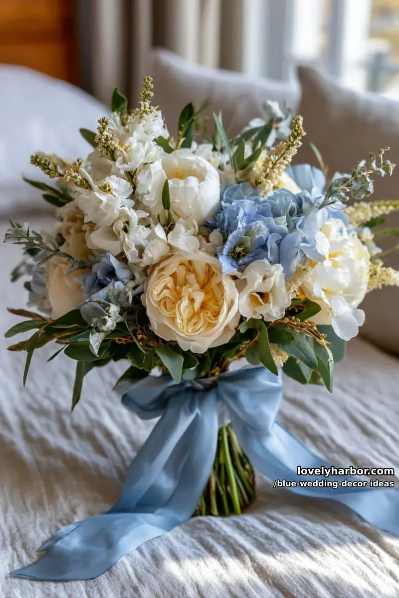dusty blue and cream bouquet tied with silk blue ribbon 1