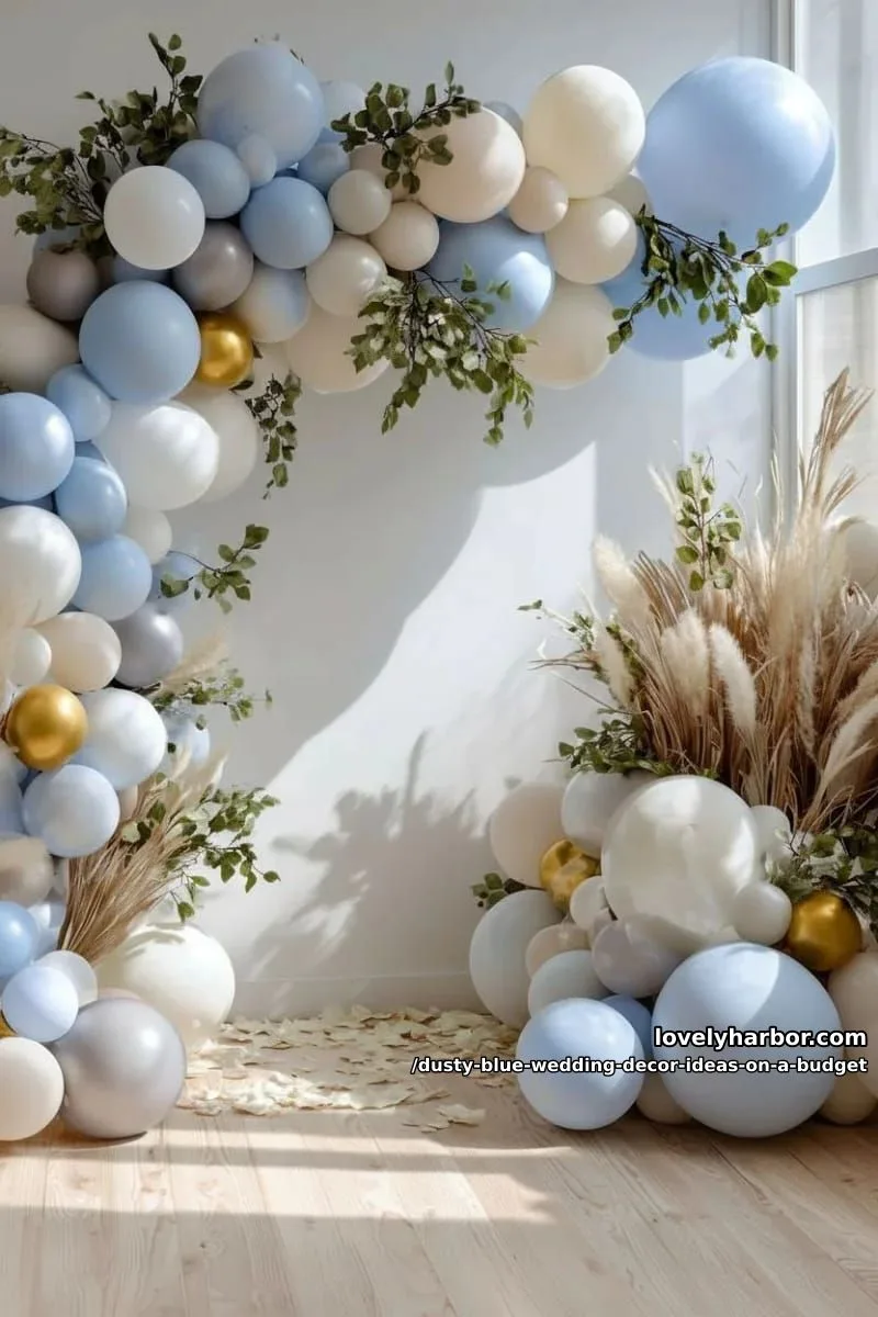 dusty blue and neutral balloon garland for a whimsical backdrop 1