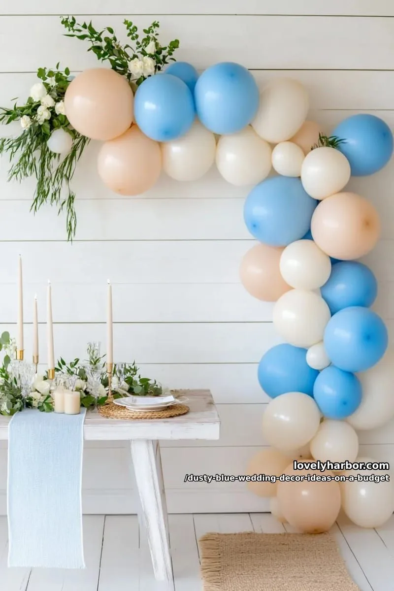dusty blue and neutral balloon garland for a whimsical backdrop 1