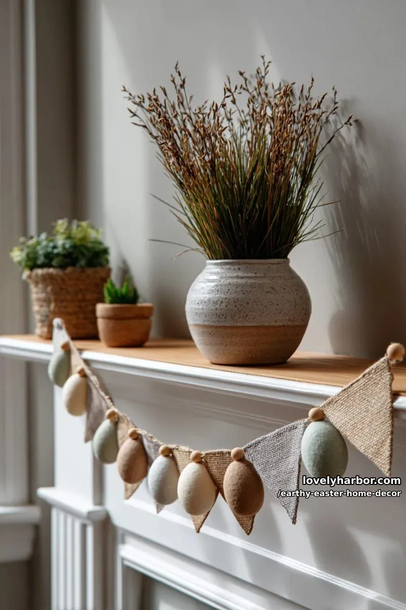 15 Earthy Easter Home Decor For A Nature-Friendly Seasonal Touch 27 earthy-toned easter garland of burlap, felt eggs, and wooden beads 1
