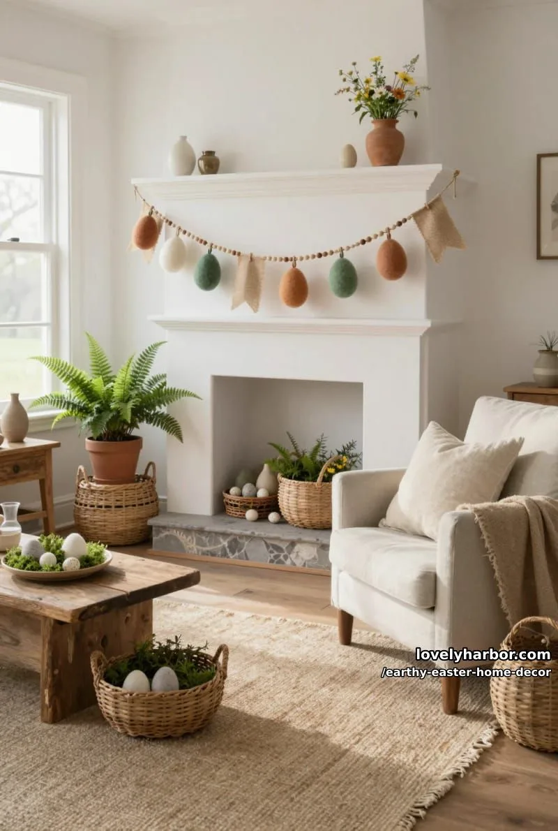 15 Earthy Easter Home Decor For A Nature-Friendly Seasonal Touch 28 earthy-toned easter garland of burlap, felt eggs, and wooden beads 1