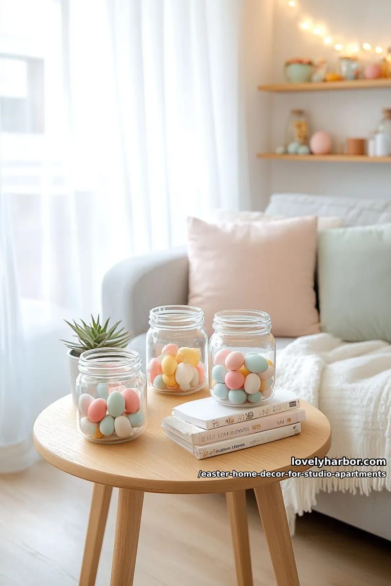 easter egg filled mason jars with fairy lights for cozy ambience 1