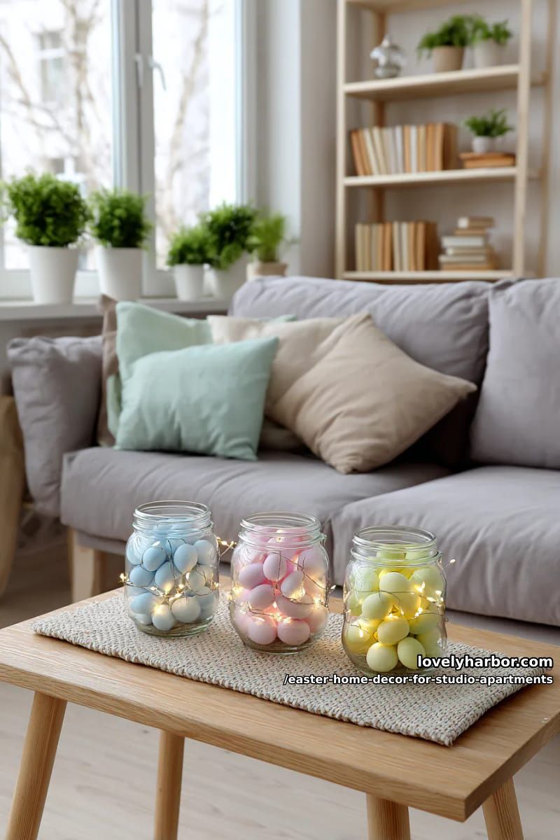 easter egg filled mason jars with fairy lights for cozy ambience 1