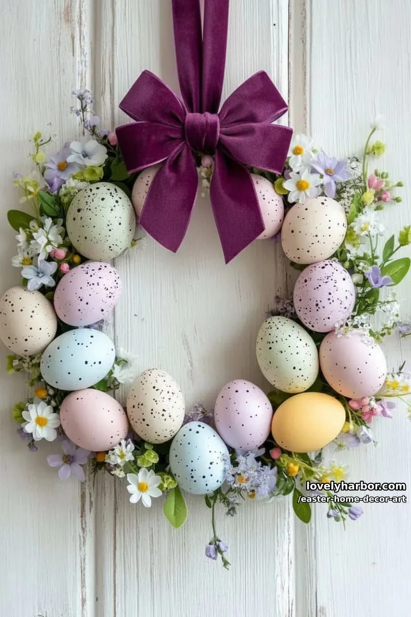 easter egg wreath with wildflower details and velvet ribbon hanger 1