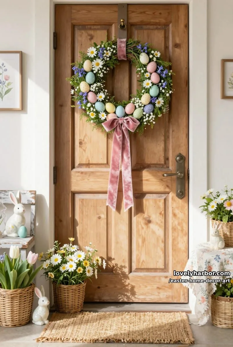 easter egg wreath with wildflower details and velvet ribbon hanger 1