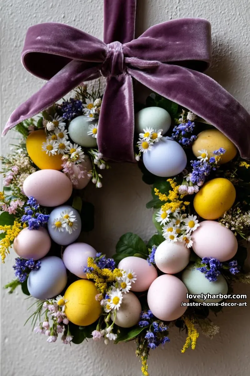 easter egg wreath with wildflower details and velvet ribbon hanger 1