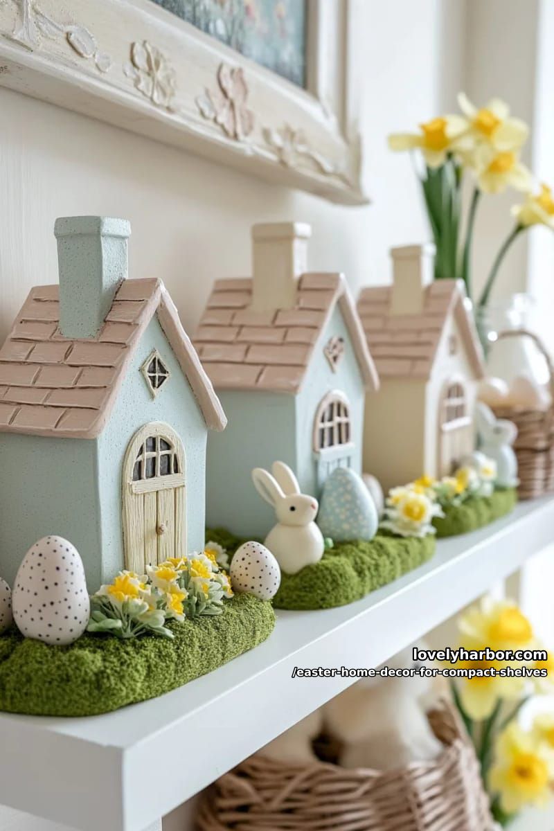 easter house decor: tiny ceramic cottages with daffodil accents 1
