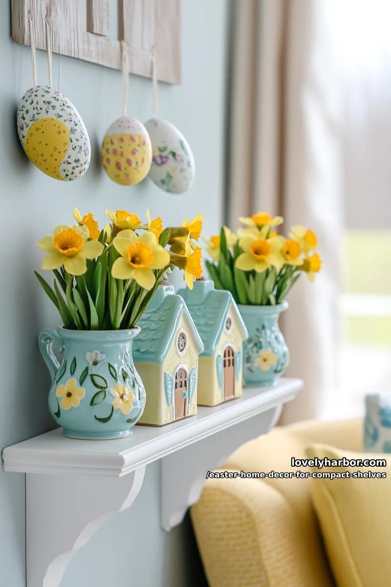 easter house decor: tiny ceramic cottages with daffodil accents 1