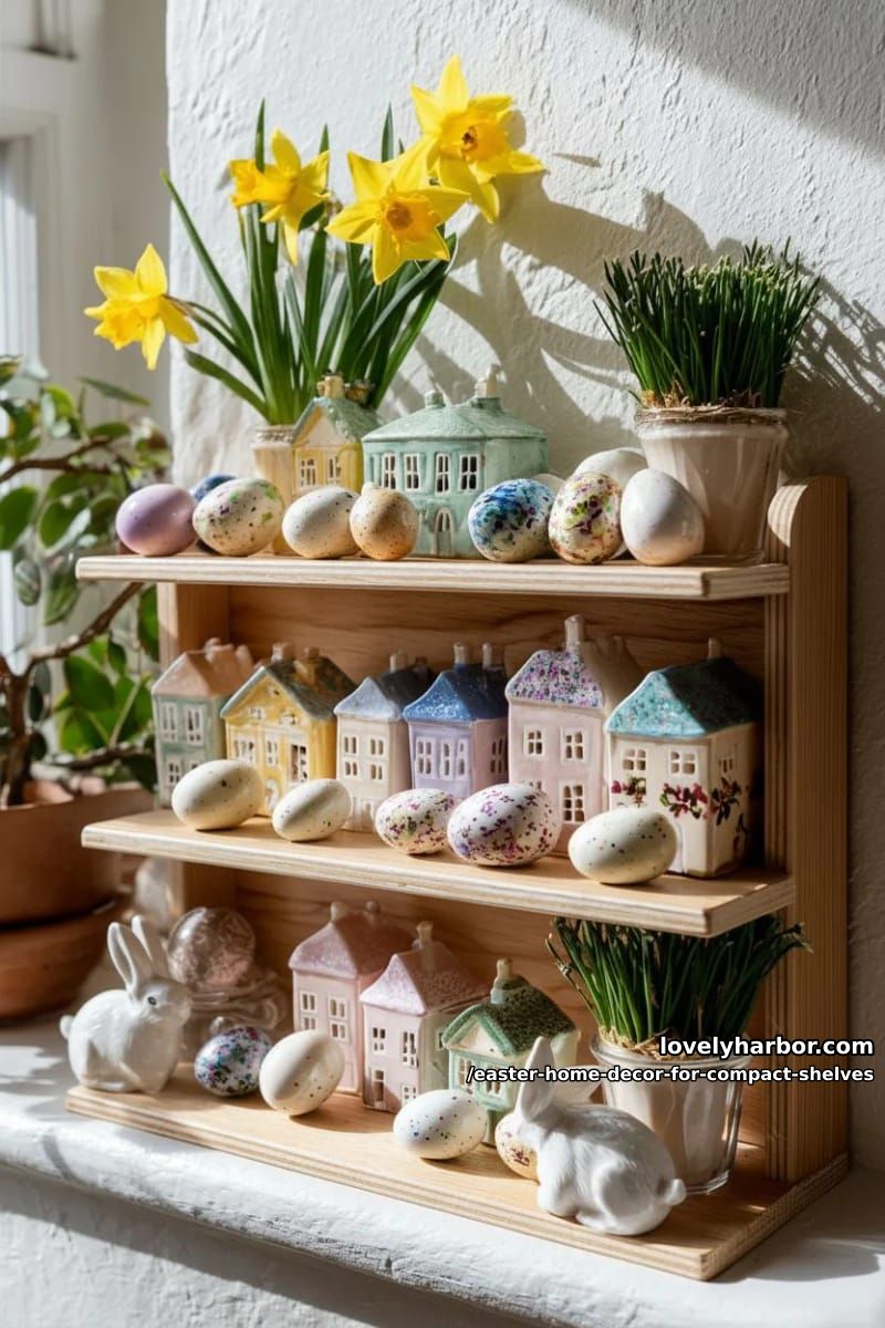 easter house decor: tiny ceramic cottages with daffodil accents 1