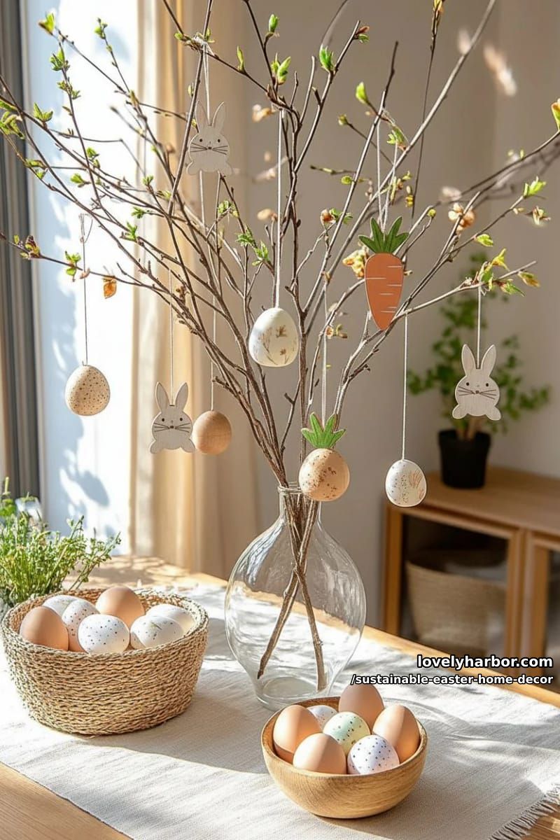 eco-friendly easter tree made from bare branches and wooden ornaments 1