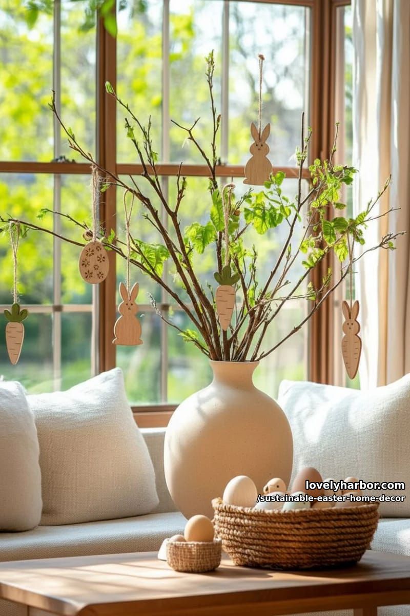 eco-friendly easter tree made from bare branches and wooden ornaments 1