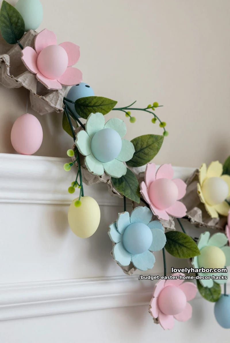 egg carton floral garland with pastel painted eggs and faux greenery 1