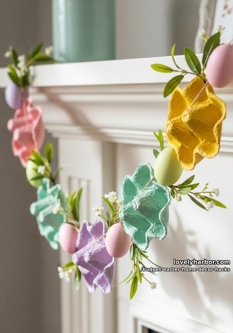 egg carton floral garland with pastel painted eggs and faux greenery 1