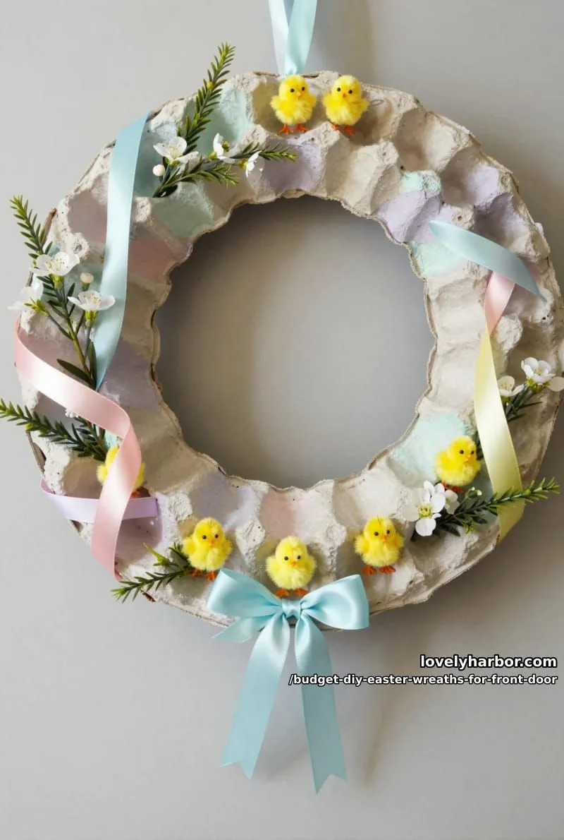 egg carton wreath painted pastel, adorned with tiny chicks and ribbon 1
