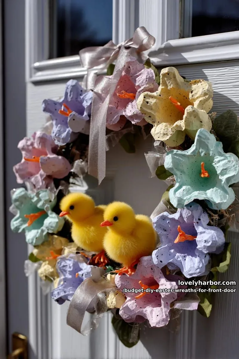 egg carton wreath painted pastel, adorned with tiny chicks and ribbon 1