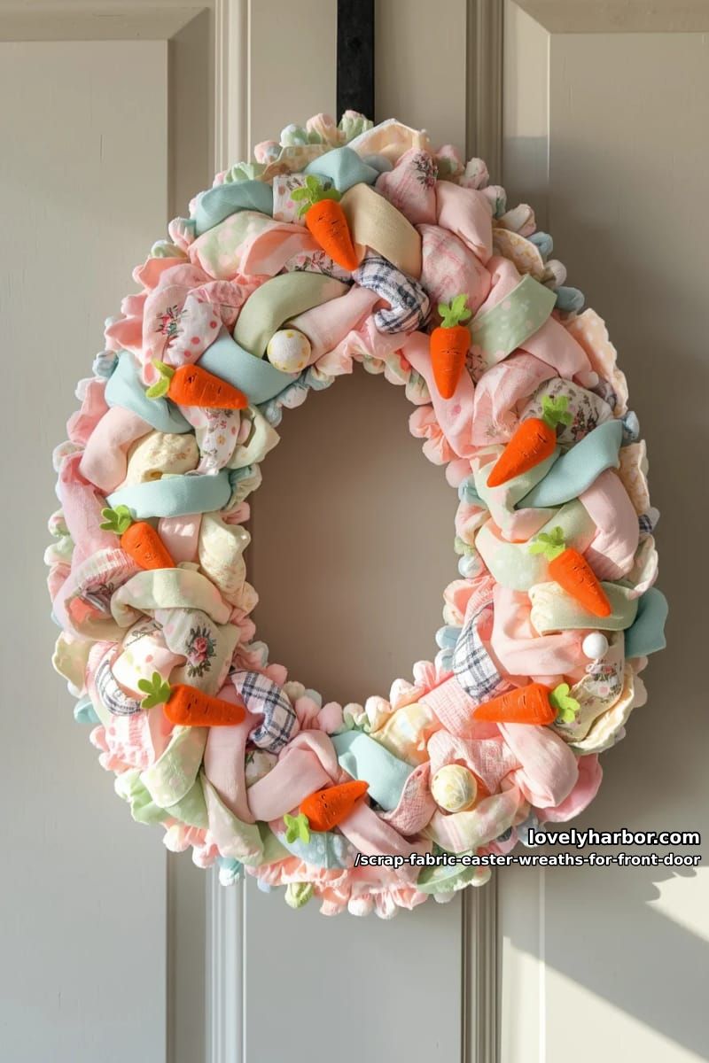 egg-shaped fabric wreath adorned with mini felt carrots and pom-pom trim 1