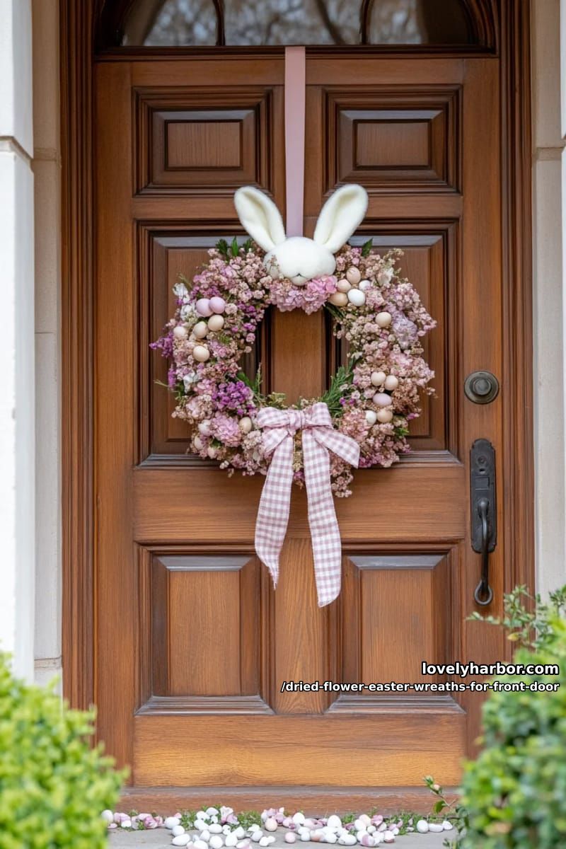 eggshell-filled dried flower wreath with bunny ear topper and gingham ribbon 1