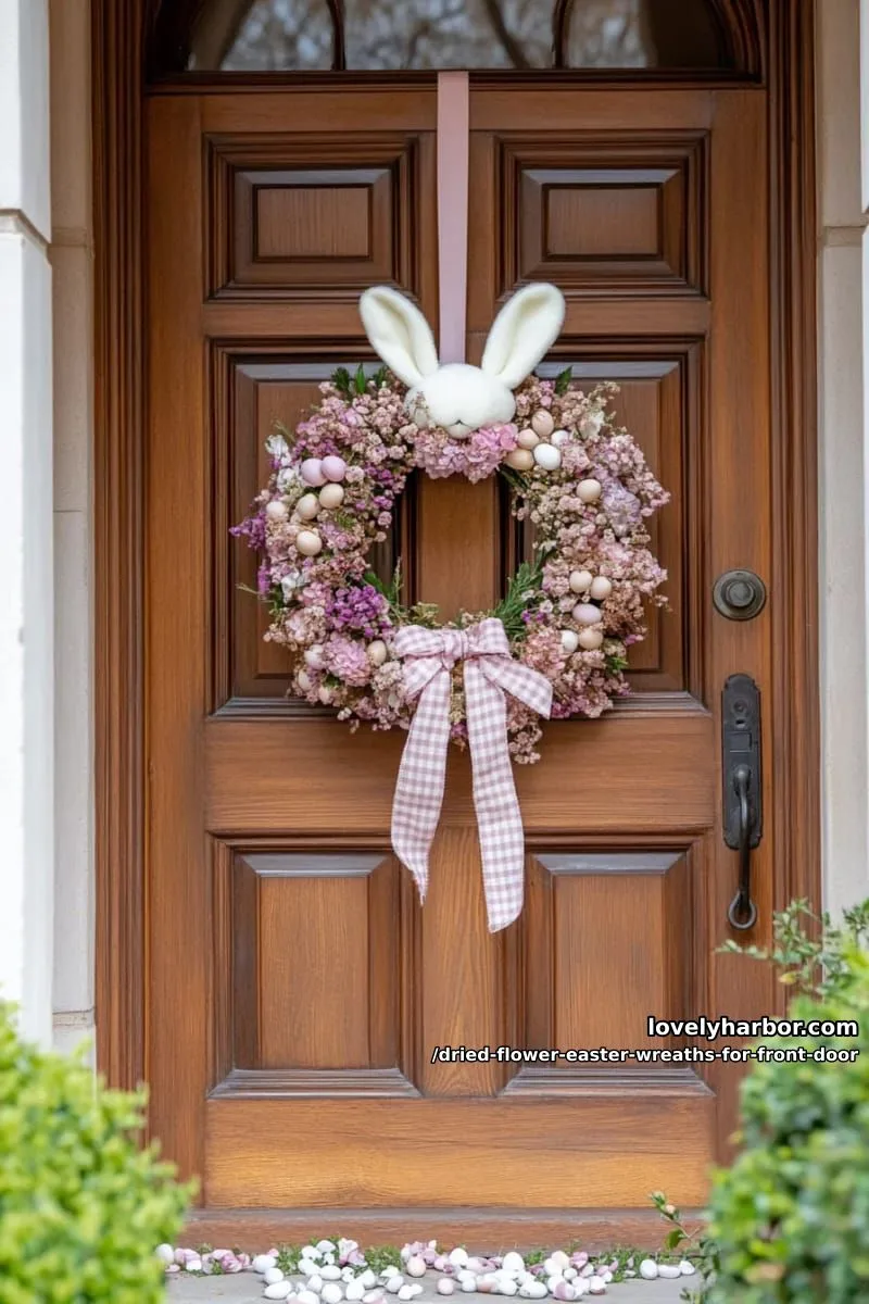 eggshell-filled dried flower wreath with bunny ear topper and gingham ribbon 1