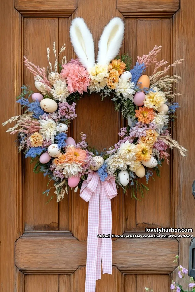 eggshell-filled dried flower wreath with bunny ear topper and gingham ribbon 1