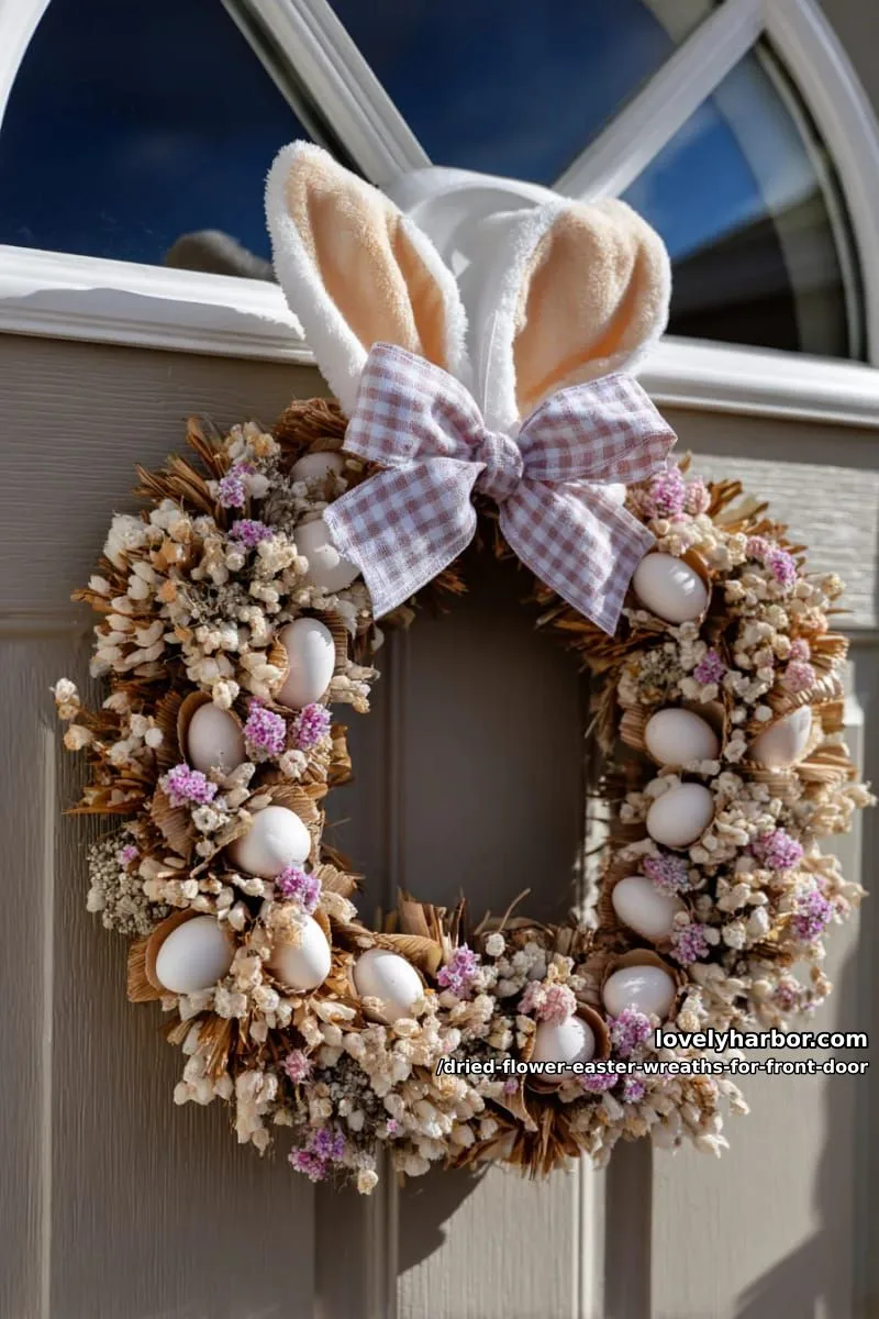 eggshell-filled dried flower wreath with bunny ear topper and gingham ribbon 1