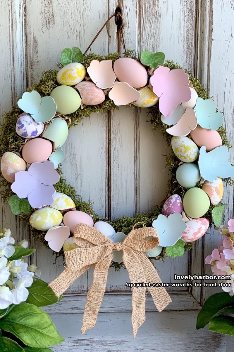 eggshell mosaic wreath on a cardboard base with twine bow accent 1