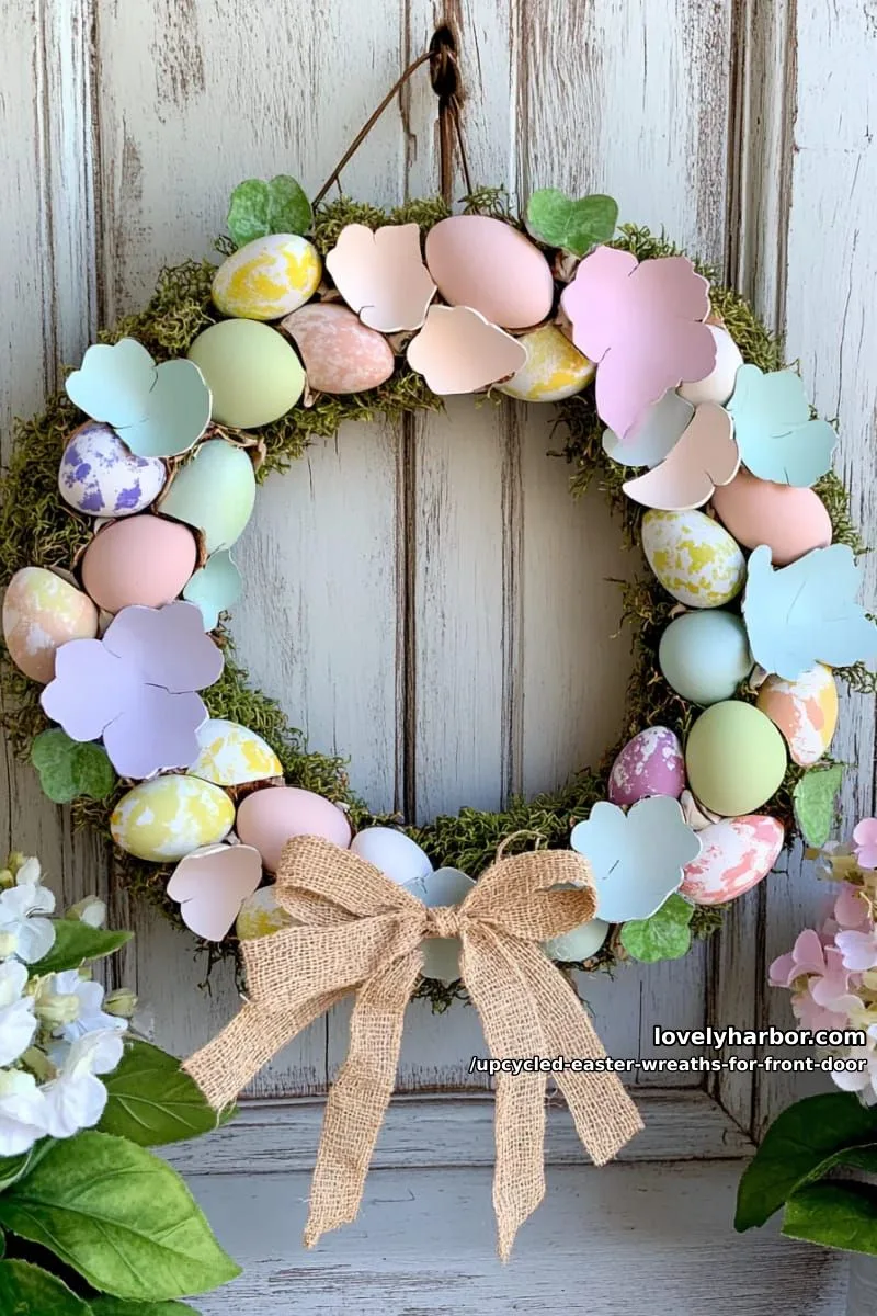 15 Upcycled Easter Wreaths For Front Door That Bring Colorful Spring Vibes 36 eggshell mosaic wreath on a cardboard base with twine bow accent 1