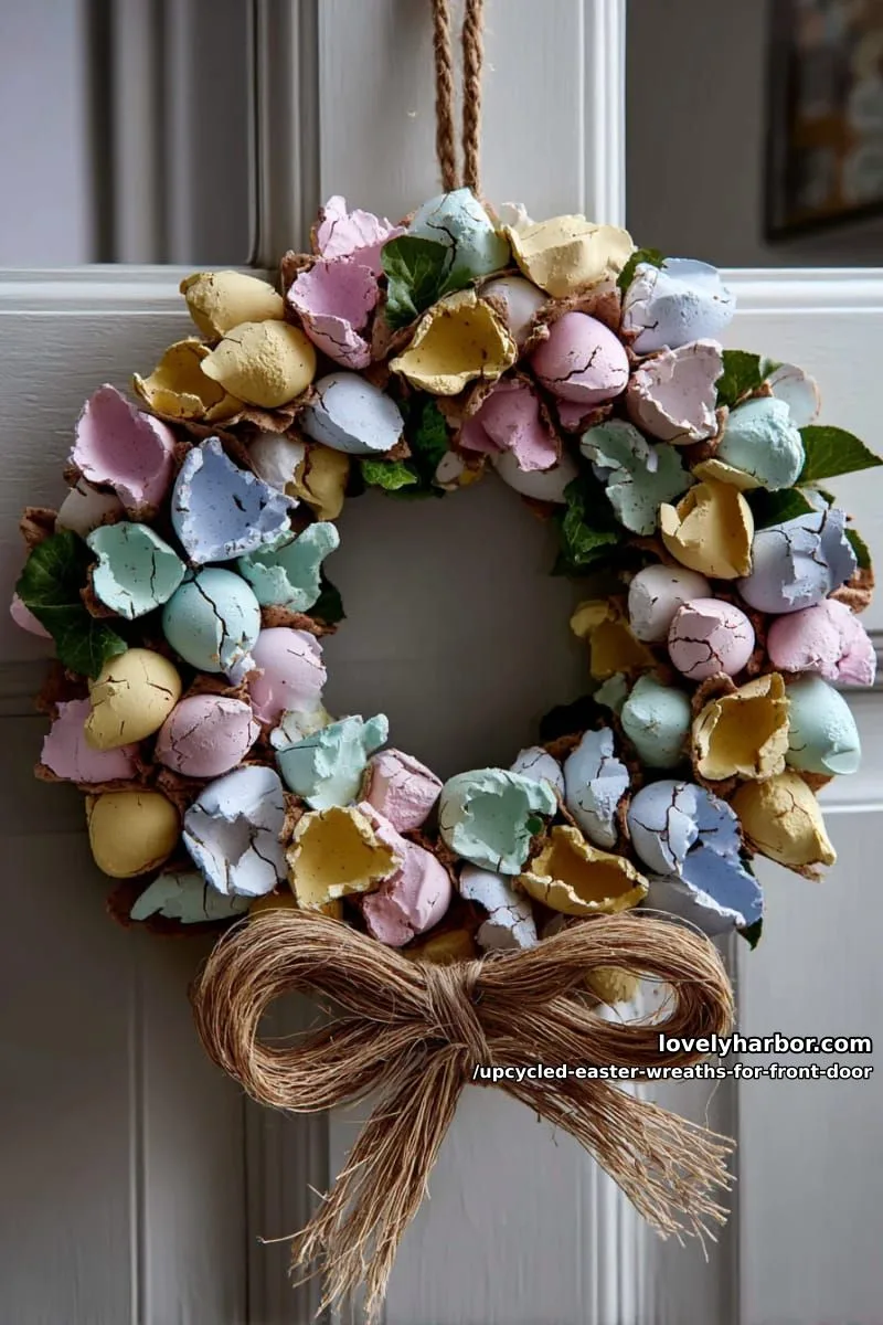 15 Upcycled Easter Wreaths For Front Door That Bring Colorful Spring Vibes 37 eggshell mosaic wreath on a cardboard base with twine bow accent 1