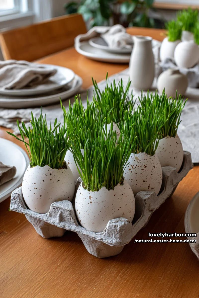 eggshell planters filled with wheatgrass and displayed in an egg crate 1