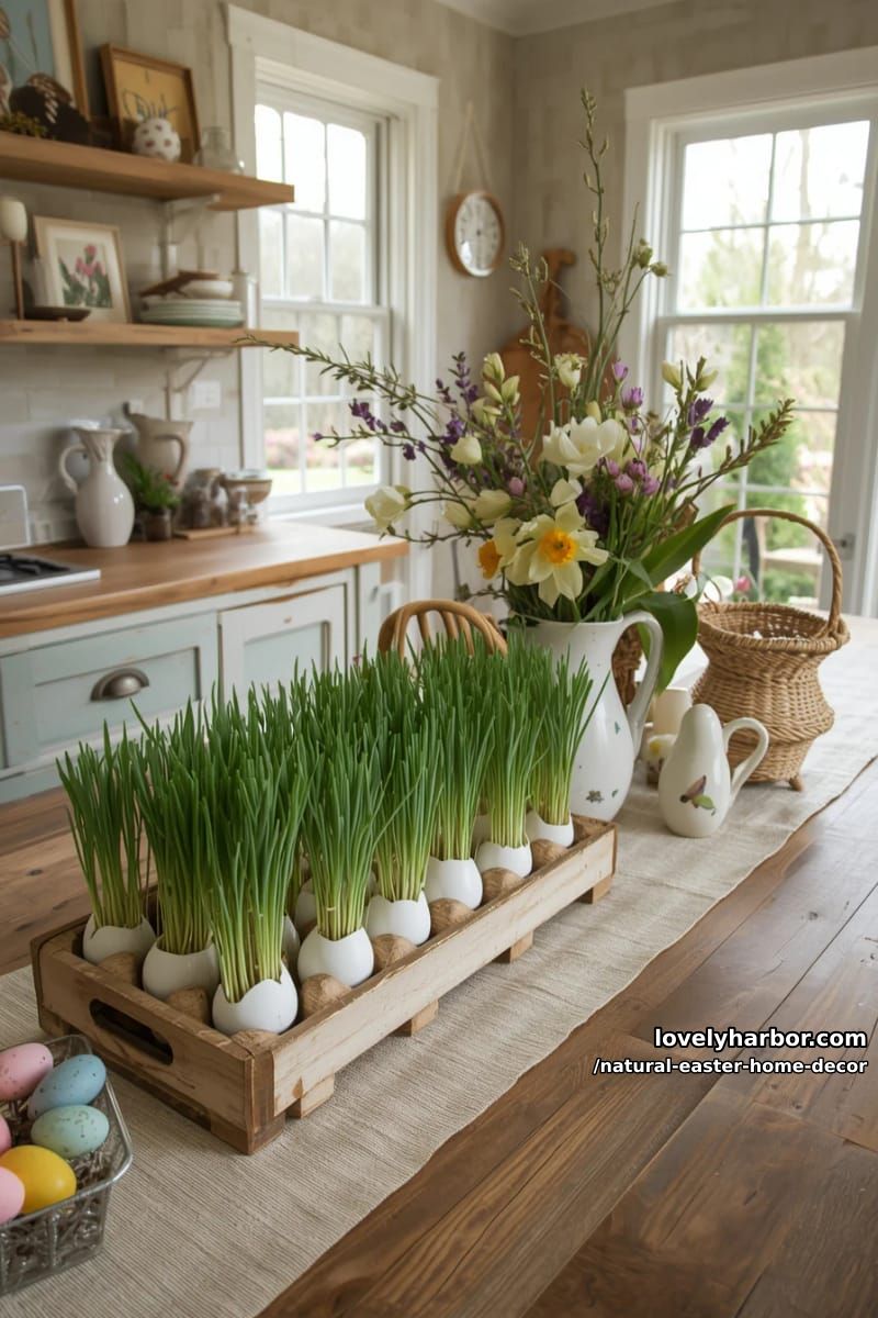 eggshell planters filled with wheatgrass and displayed in an egg crate 1