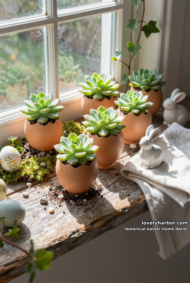 eggshell planters with succulents arranged on a rustic windowsill 1