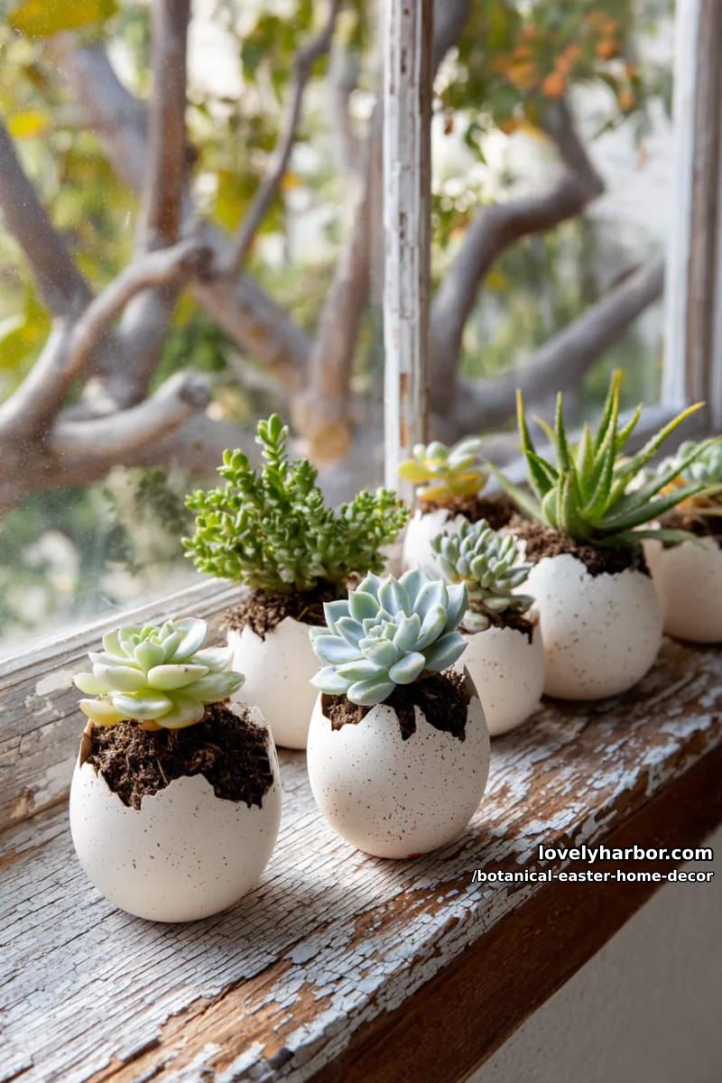 eggshell planters with succulents arranged on a rustic windowsill 1