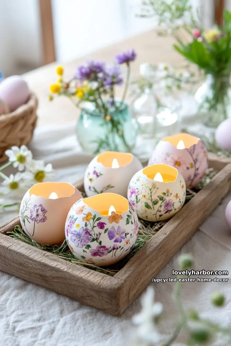 15 Upcycled Easter Home Decor That Give Old Treasures New Life 25 eggshell tealight holders with pressed flower designs 1
