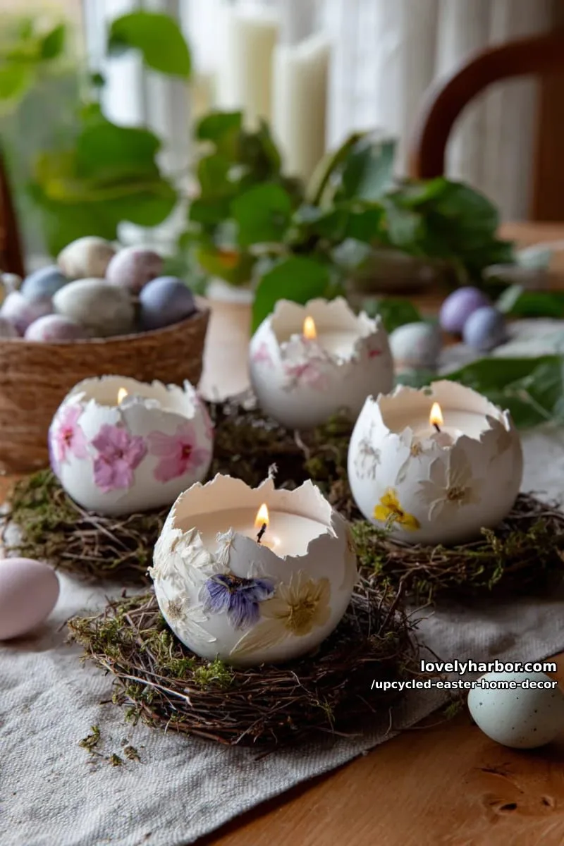 15 Upcycled Easter Home Decor That Give Old Treasures New Life 26 eggshell tealight holders with pressed flower designs 1