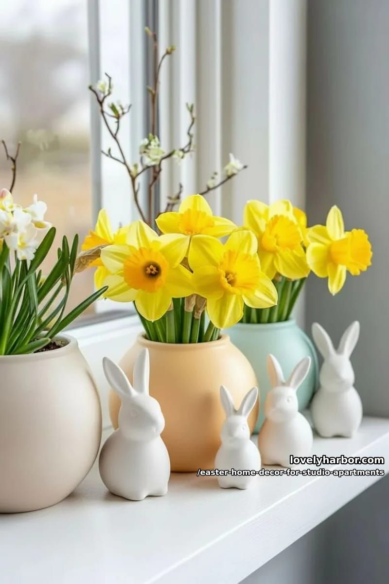 eggshell vases filled with yellow daffodils lined along windowsill 1