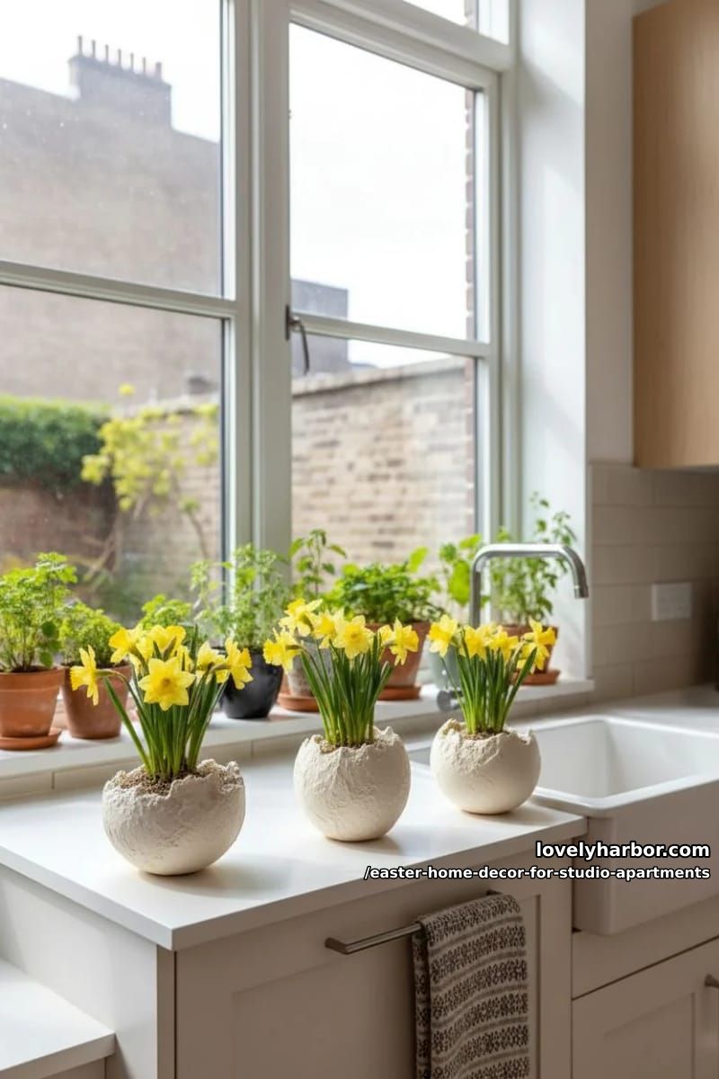 eggshell vases filled with yellow daffodils lined along windowsill 1