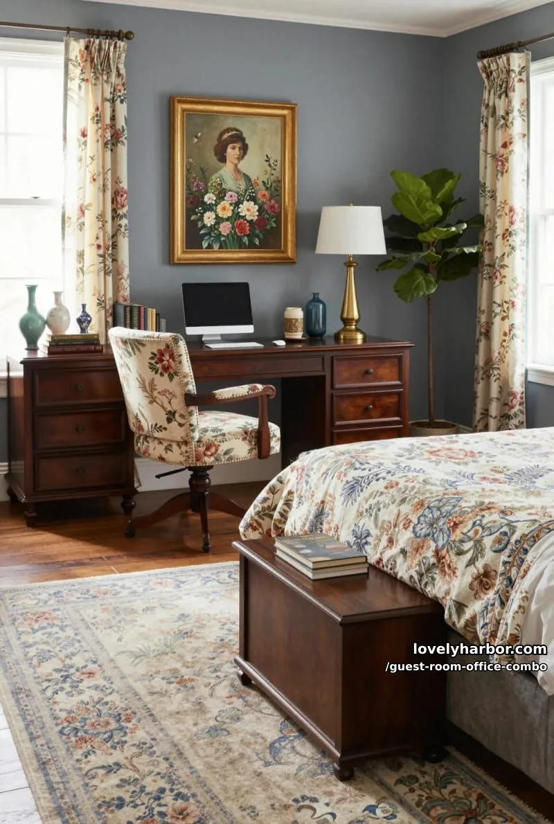 elegant bedroom study with dark wood furniture, floral curtains, and vintage art. 1