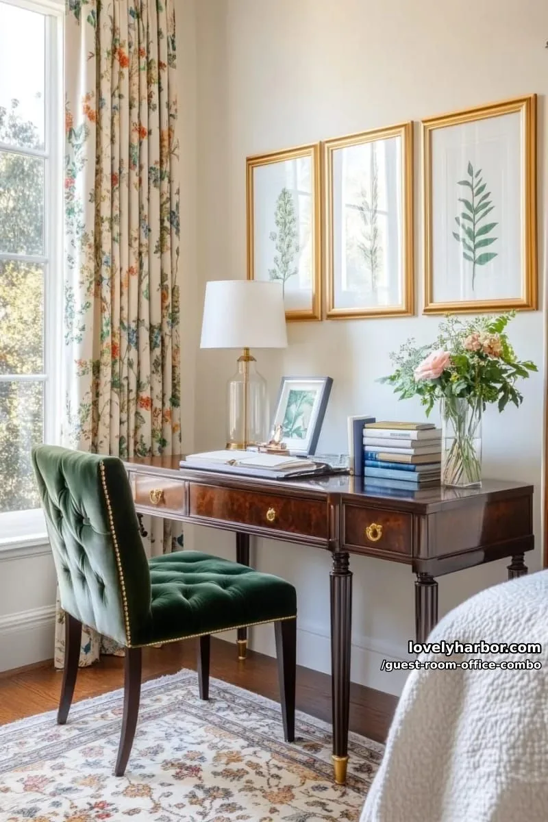 elegant bedroom study with dark wood furniture, floral curtains, and vintage art. 1