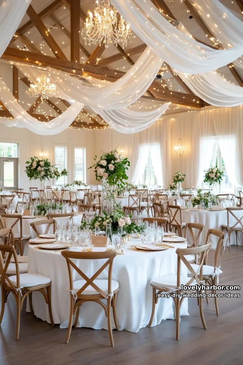 15 Easy DIY Wedding Decor Ideas for a Chic Wedding Set 36 elegant draped sheer fabric ceiling with twinkle lights for a romantic touch 1