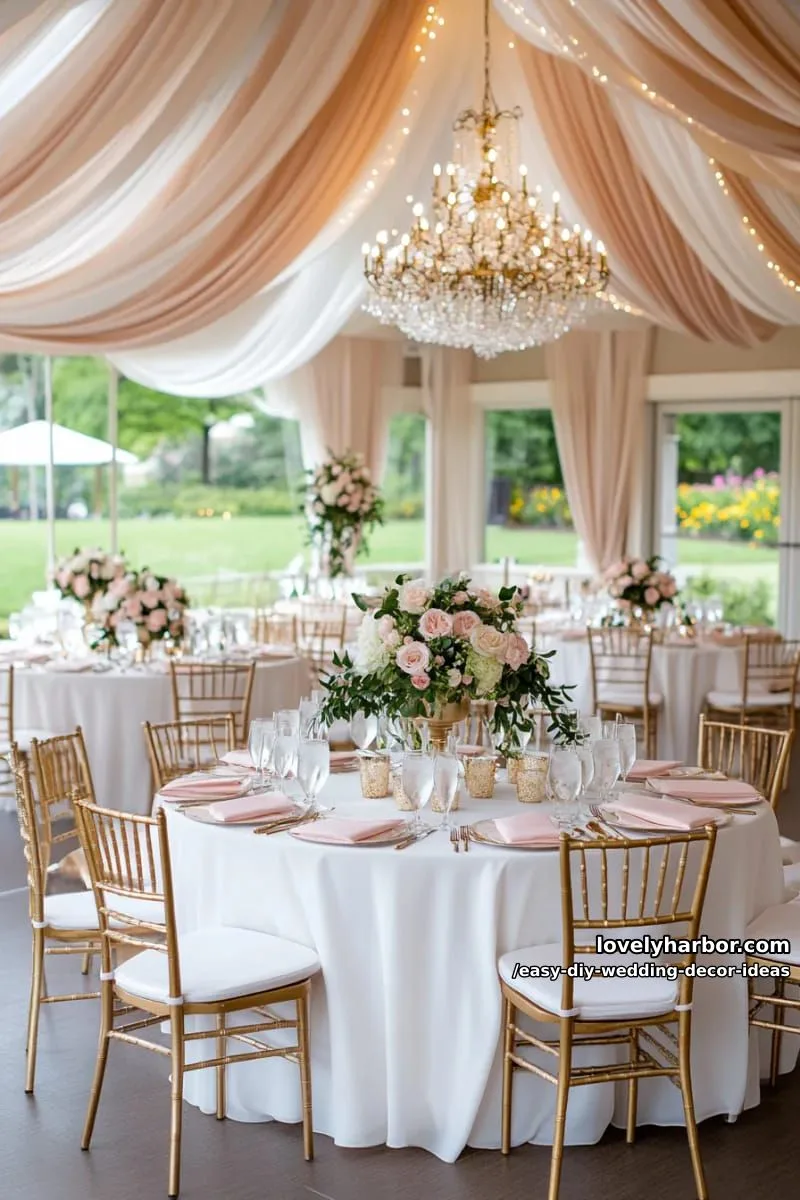 15 Easy DIY Wedding Decor Ideas for a Chic Wedding Set 37 elegant draped sheer fabric ceiling with twinkle lights for a romantic touch 1
